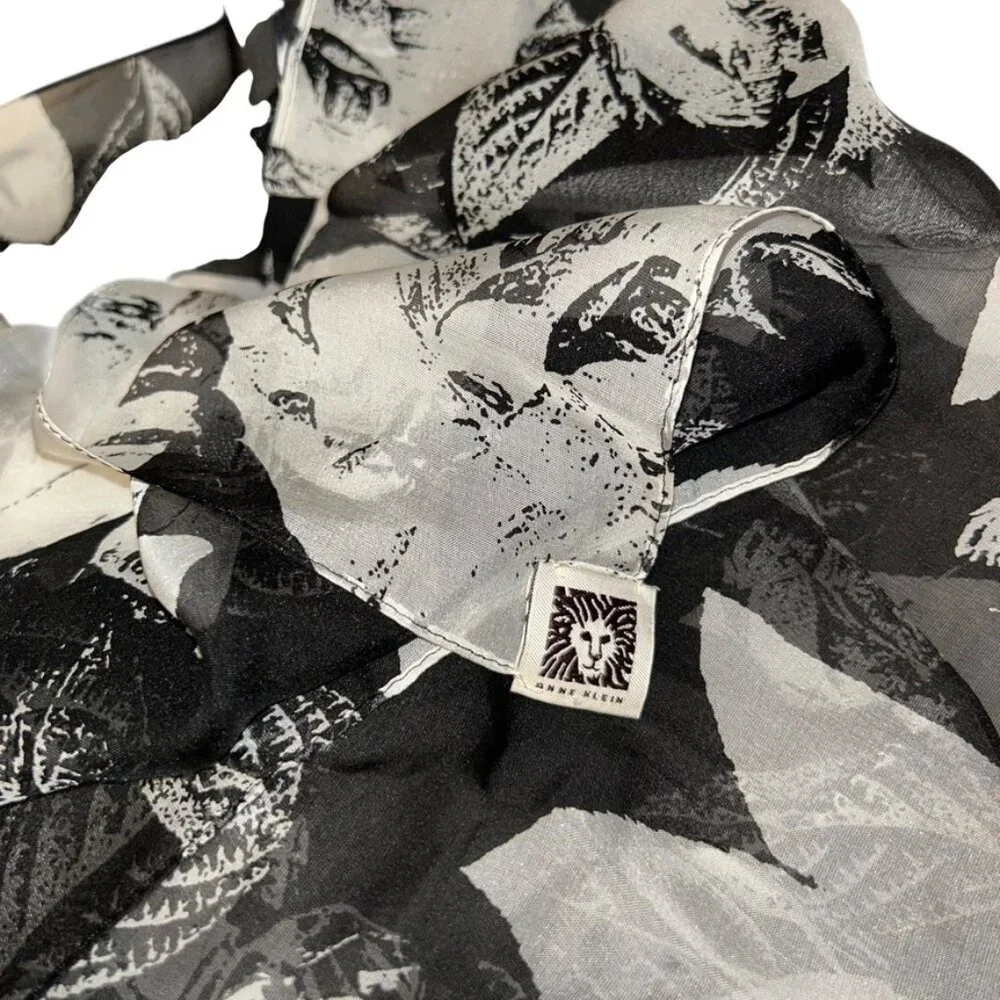 anne klein 100% SILK black white classic handkerchief floral flowers scarf 18x71